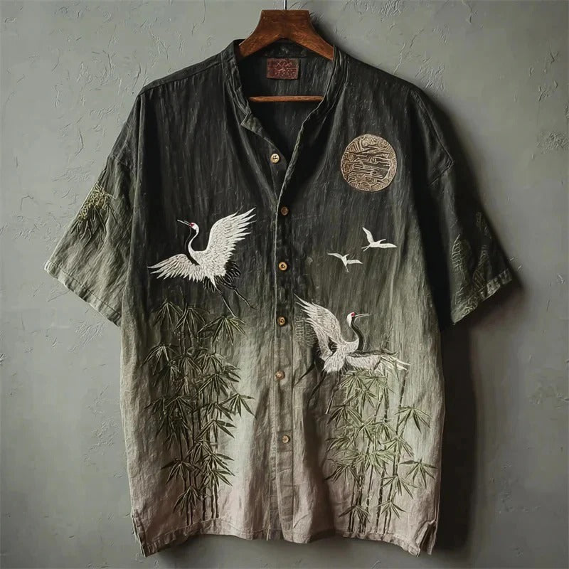 Utrends™ Crane Bamboo Gradient Shirt – Vintage Japanese Zen Art Linen Button-Up (Black Beige)