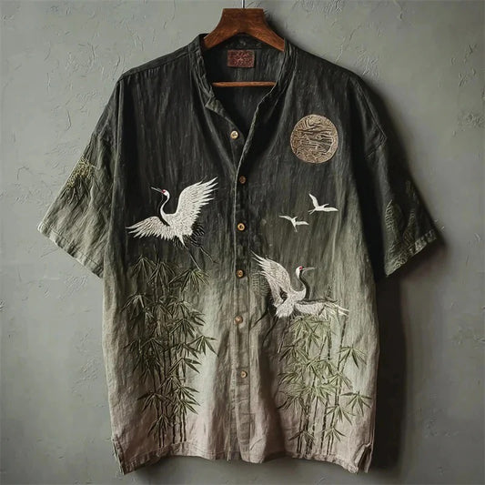 Utrends™ Crane Bamboo Gradient Shirt – Vintage Japanese Zen Art Linen Button-Up (Black Beige)
