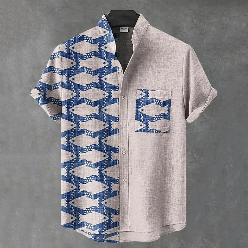 Utrends™ Coastal Fish Pattern Linen Shirt – Minimalist Ocean Art Button-Up (Beige Blue)