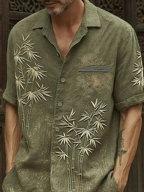 Utrends™ Bamboo Art Linen Shirt – Vintage Japanese Nature Embroidered Button-Up (Olive Green)