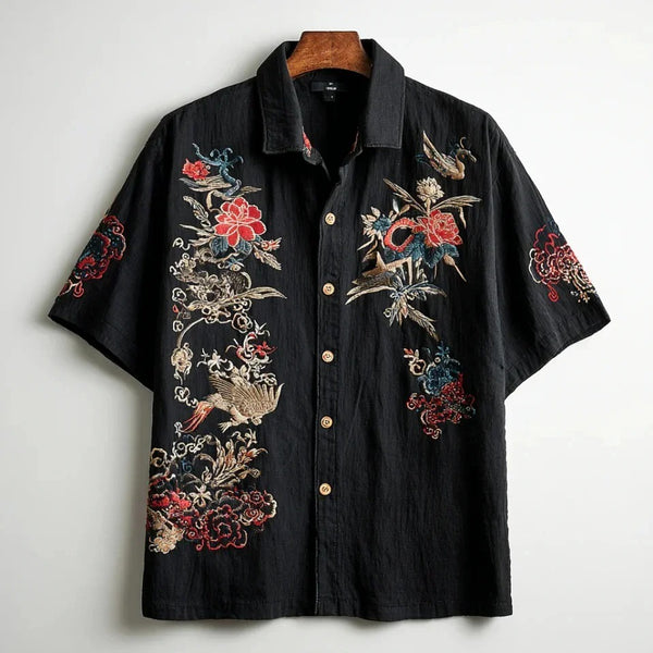 Utrends™ Japanese Floral Crane Embroidered Shirt – Premium Vintage Art Button-Up (Black)