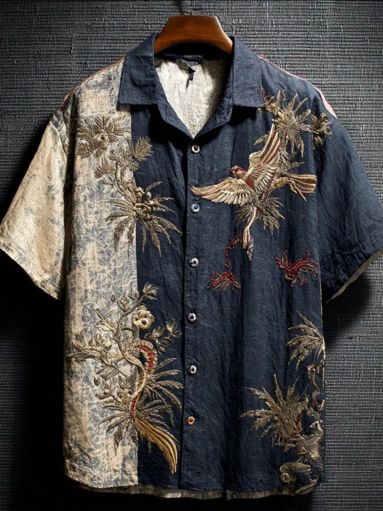 Utrends™ Vintage Crane Patchwork Shirt – Premium Japanese Phoenix Art Button-Up Streetwear
