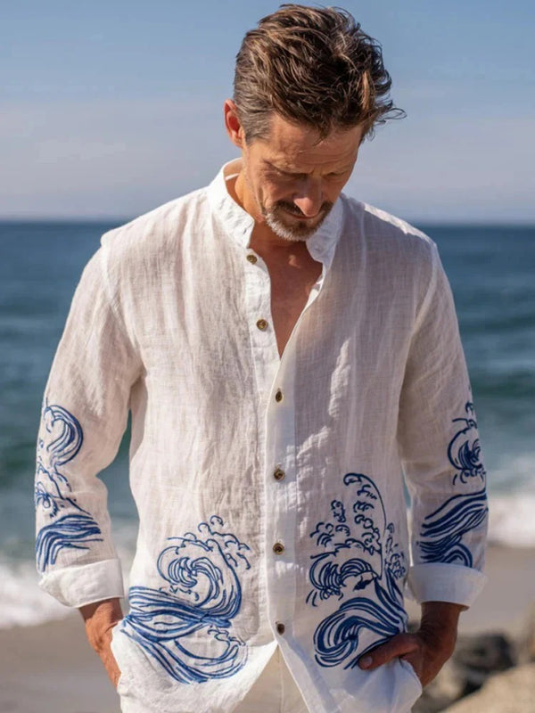 Utrends™ Ocean Wave Minimal Shirt – Japanese Coastal Linen Button-Up (White Blue)