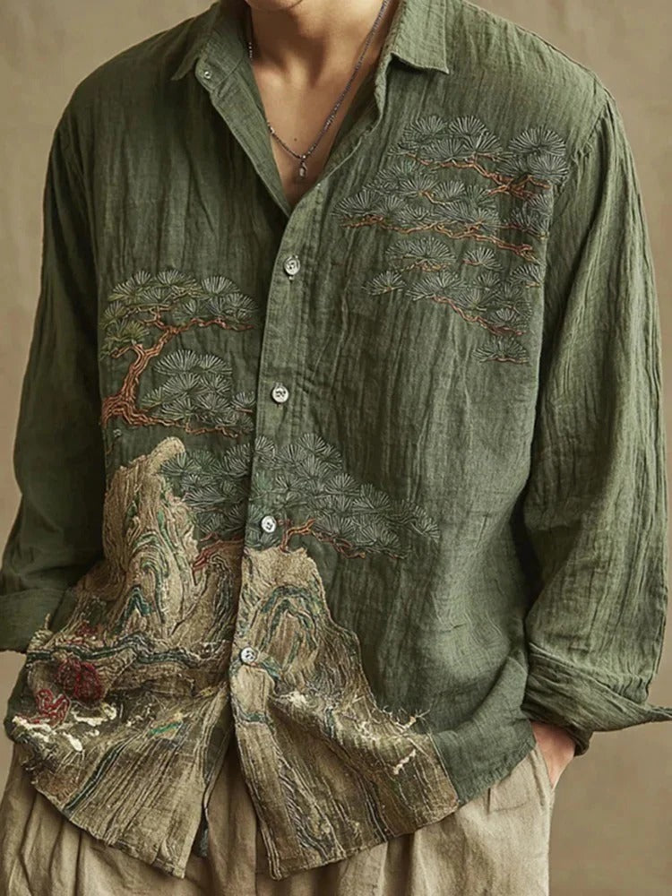 Utrends™ Vintage Mountain Pine Embroidered Shirt – Japanese Nature Art Linen Button-Up (Olive Green)