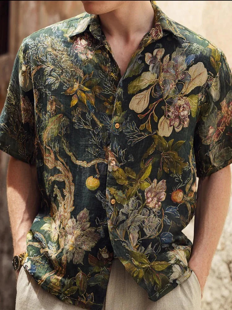 Utrends™ Vintage Botanical Garden Shirt – Premium Floral Art Linen Button-Up (Dark Green)