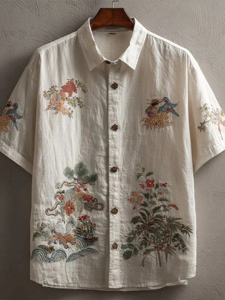 Utrends™ Vintage Floral Garden Embroidered Shirt – Japanese Nature Art Linen Button-Up (White)