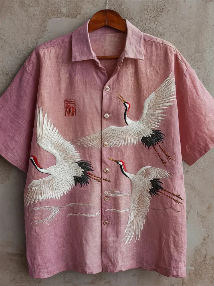 Utrends™ Pink Crane Embroidered Shirt – Premium Japanese Art Linen Button-Up (Soft Pink)