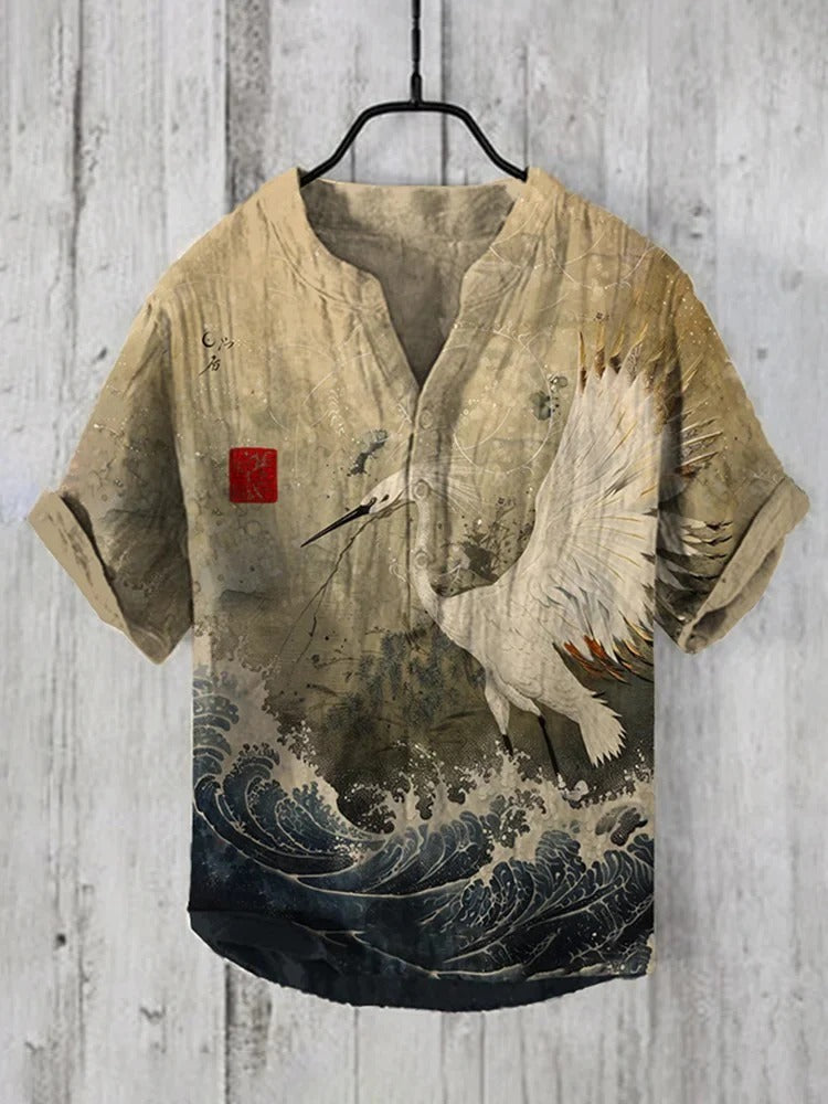 Utrends™ Crane Wave Ink Art Shirt – Vintage Japanese Ocean Linen Button-Up (Beige Black)