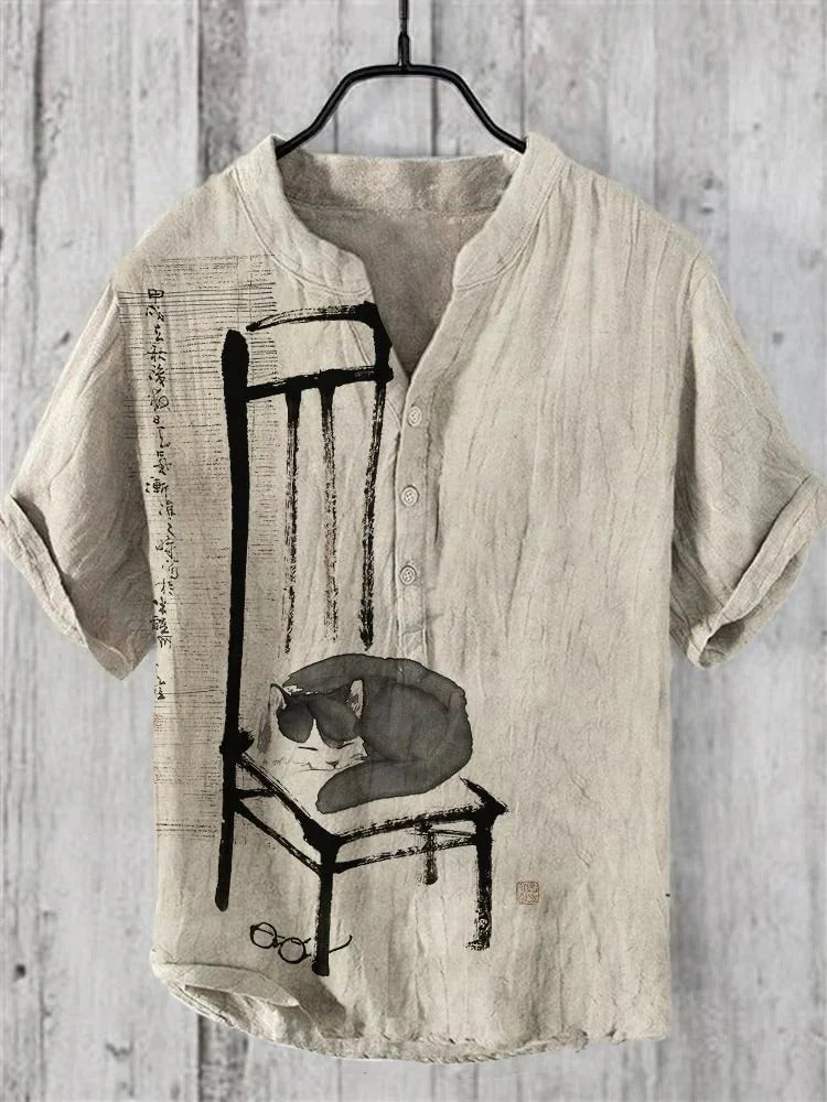 Utrends™ Minimalist Cat Ink Art Shirt – Vintage Japanese Zen Linen Button-Up (Beige)