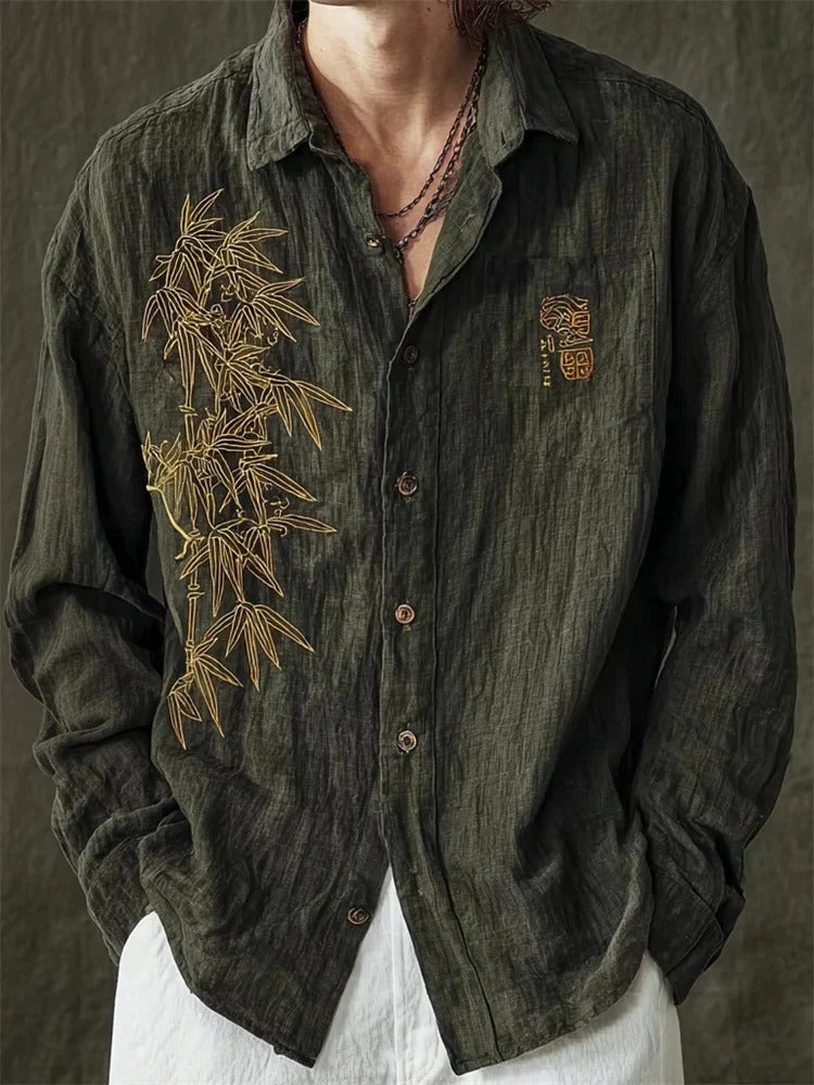 Utrends™ Bamboo Embroidered Linen Shirt – Vintage Japanese Zen Button-Up (Dark Olive Green)
