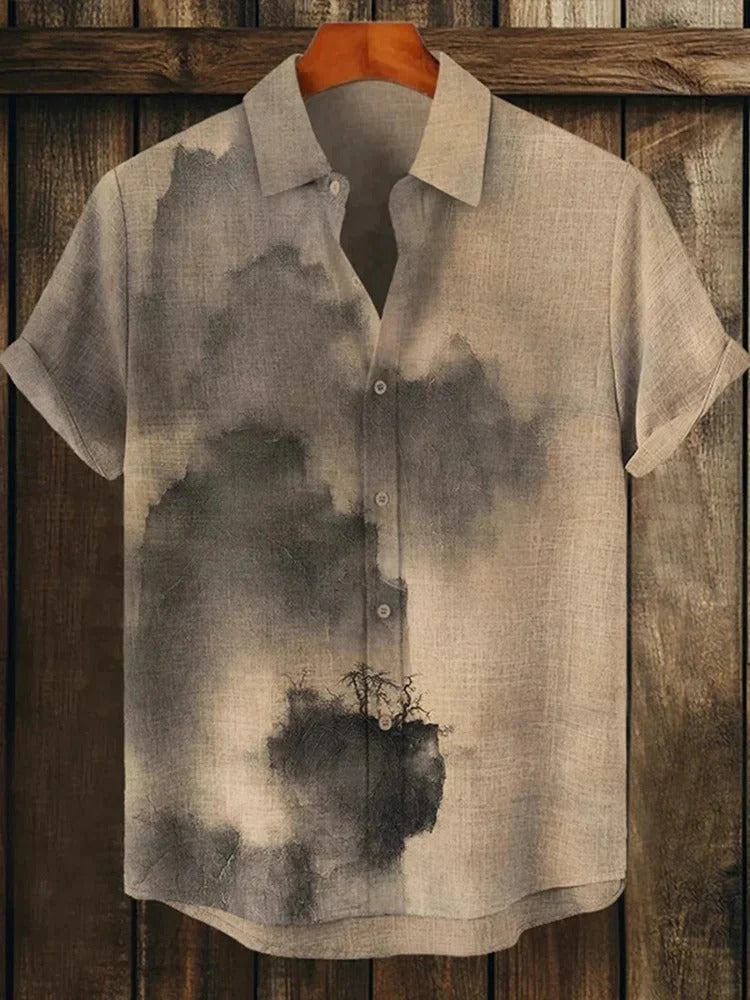 Utrends™ Minimalist Ink Wash Linen Shirt – Vintage Japanese Abstract Art Button-Up (Beige)