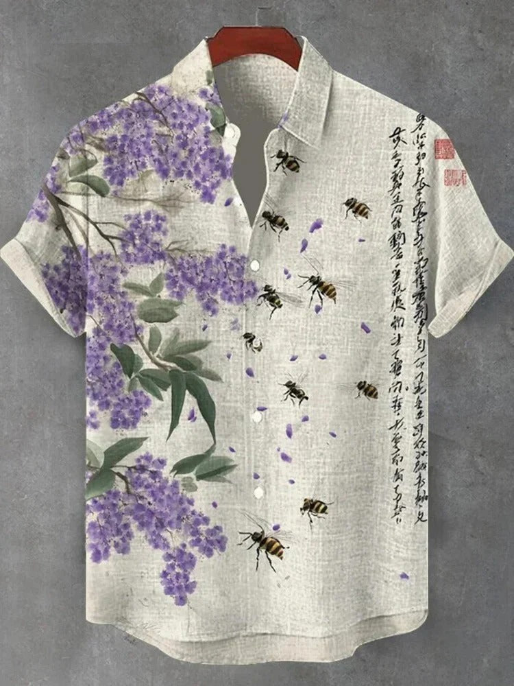 Utrends™ Floral Bee Art Linen Shirt – Vintage Japanese Blossom Print Button-Up (Cream White)