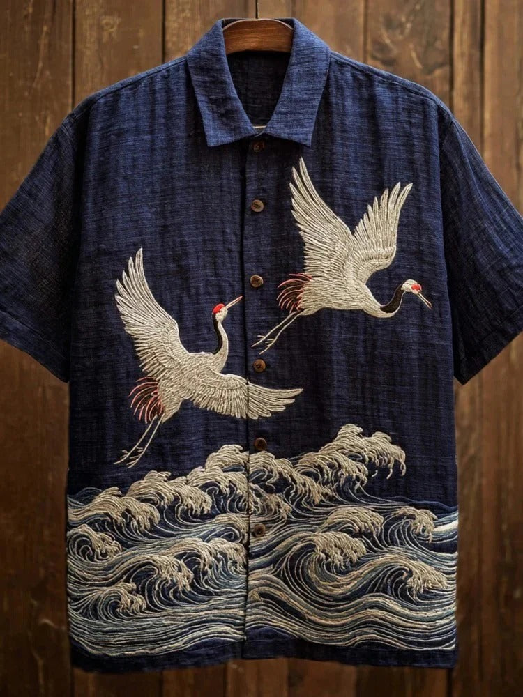 Utrends™ Crane Wave Embroidered Shirt – Premium Japanese Ocean Art Linen Button-Up (Navy Black)