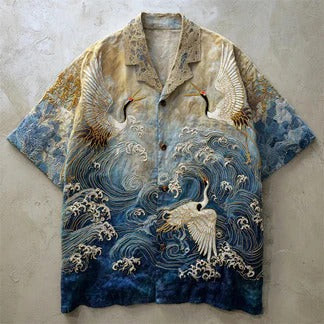 Utrends™ Japanese Crane Wave Gradient Shirt – Premium Ocean Art Linen Button-Up (Beige Blue)
