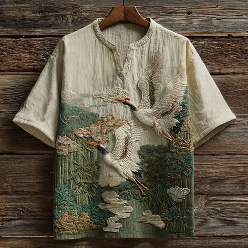 Utrends™ Vintage Japanese Crane Garden Shirt – Premium Embroidered Nature Art Linen Style Tee