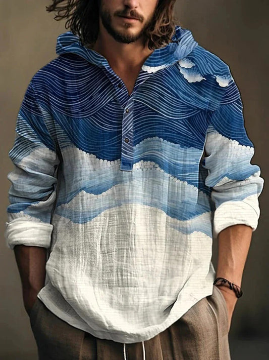 Utrends™ Ocean Wave Hoodie Shirt – Japanese Coastal Art Linen Pullover (Blue White)