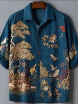 Utrends™ Vintage Nature Landscape Shirt – Japanese Garden Bird Art Linen Button-Up (Blue)