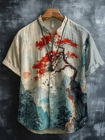 Utrends™ Japanese Red Maple Landscape Shirt – Vintage Mountain Art Linen Style Button-Up