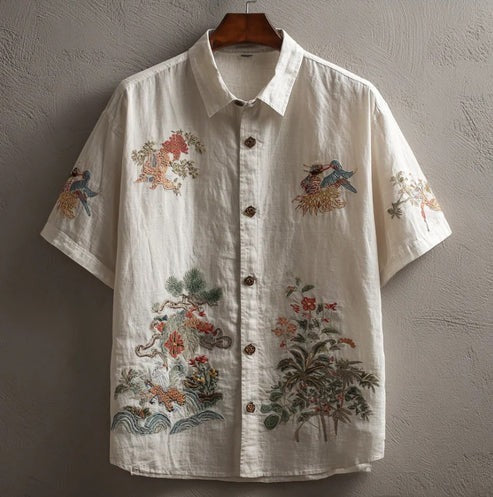 Utrends™ Vintage Floral Garden Embroidered Shirt – Japanese Nature Art Linen Button-Up (White)
