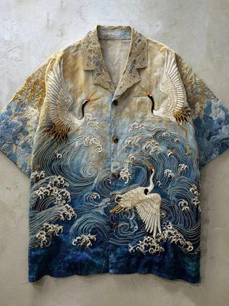 Utrends™ Japanese Crane Wave Gradient Shirt – Premium Ocean Art Linen Button-Up (Beige Blue)