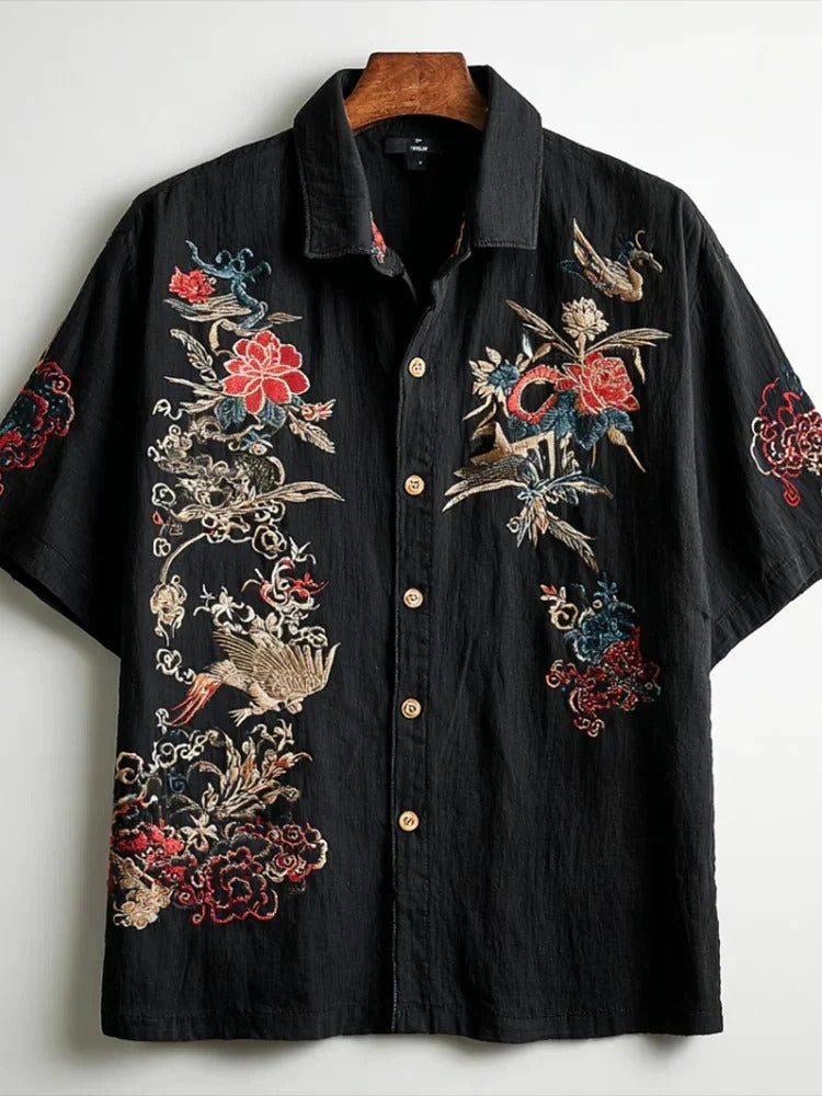 Utrends™ Japanese Floral Crane Embroidered Shirt – Premium Vintage Art Button-Up (Black)