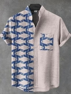 Utrends™ Coastal Fish Pattern Linen Shirt – Minimalist Ocean Art Button-Up (Beige Blue)