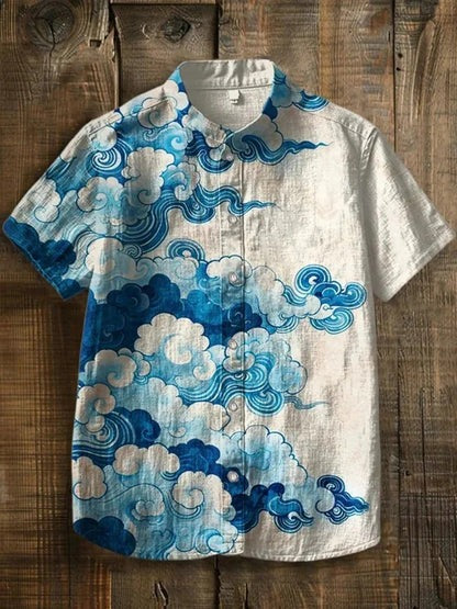 Utrends™ Japanese Cloud Wave Shirt – Vintage Sky Art Linen Button-Up (White Blue)