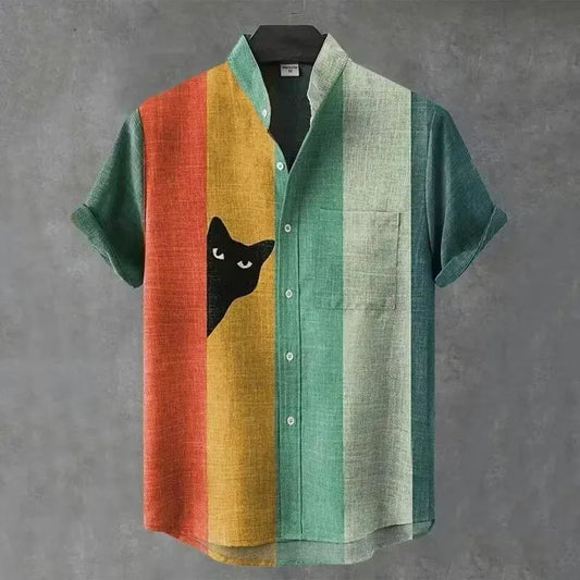 Utrends™ Colorblock Cat Art Linen Shirt – Vintage Minimalist Striped Button-Up (Multicolor)