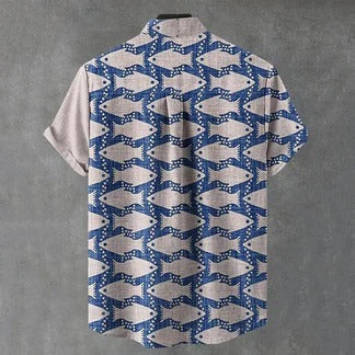 Utrends™ Coastal Fish Pattern Linen Shirt – Minimalist Ocean Art Button-Up (Beige Blue)