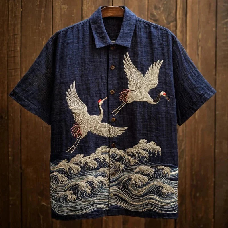 Utrends™ Crane Wave Embroidered Shirt – Premium Japanese Ocean Art Linen Button-Up (Navy Black)
