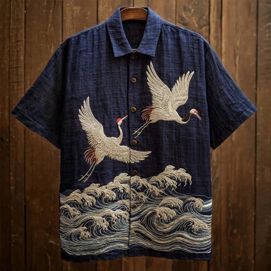 Utrends™ Crane Wave Embroidered Shirt – Premium Japanese Ocean Art Linen Button-Up (Navy Black)
