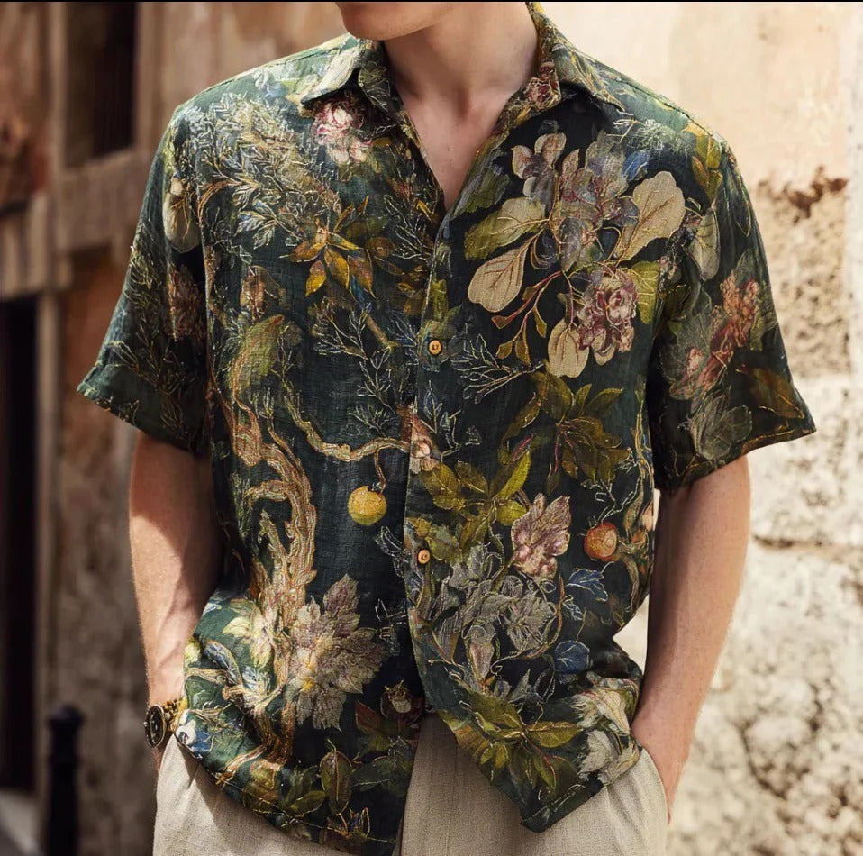 Utrends™ Vintage Botanical Garden Shirt – Premium Floral Art Linen Button-Up (Dark Green)