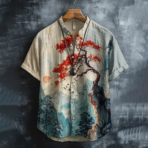Utrends™ Japanese Red Maple Landscape Shirt – Vintage Mountain Art Linen Style Button-Up