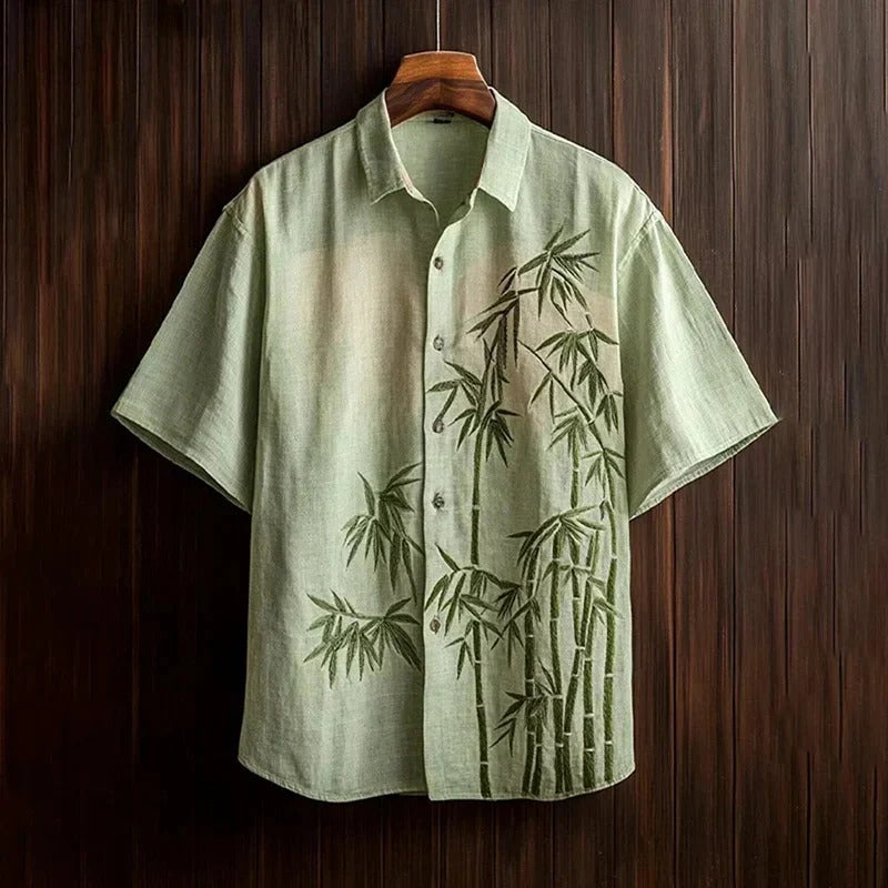 Utrends™ Bamboo Zen Linen Shirt – Minimalist Japanese Nature Art Button-Up (Light Green)