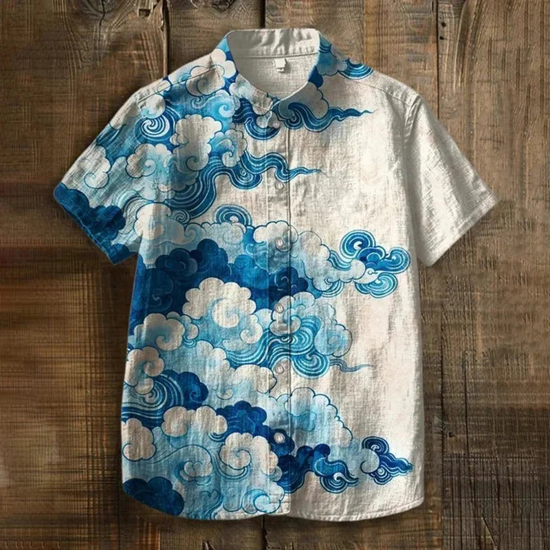 Utrends™ Japanese Cloud Wave Shirt – Vintage Sky Art Linen Button-Up (White Blue)