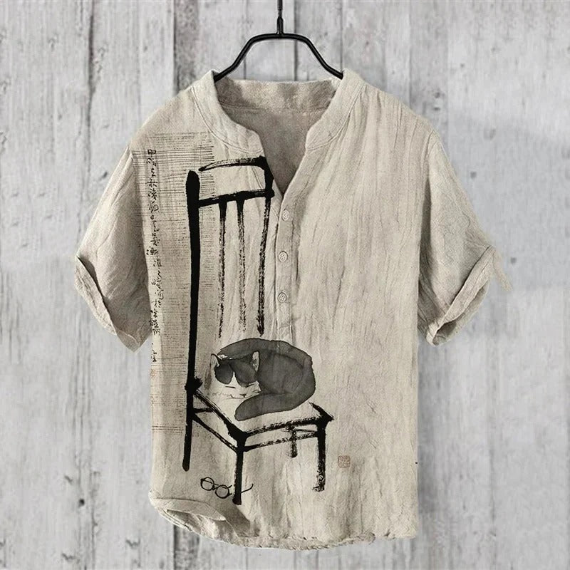 Utrends™ Minimalist Cat Ink Art Shirt – Vintage Japanese Zen Linen Button-Up (Beige)