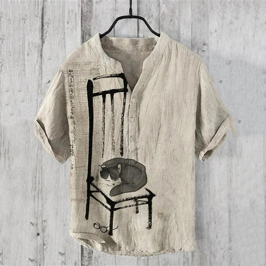 Utrends™ Minimalist Cat Ink Art Shirt – Vintage Japanese Zen Linen Button-Up (Beige)