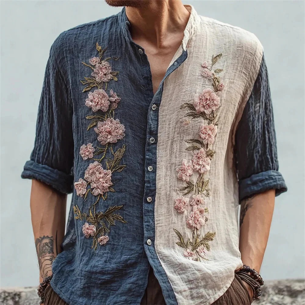 Utrends™ Floral Split Embroidered Shirt – Vintage Japanese Blossom Linen Button-Up (Blue Beige)