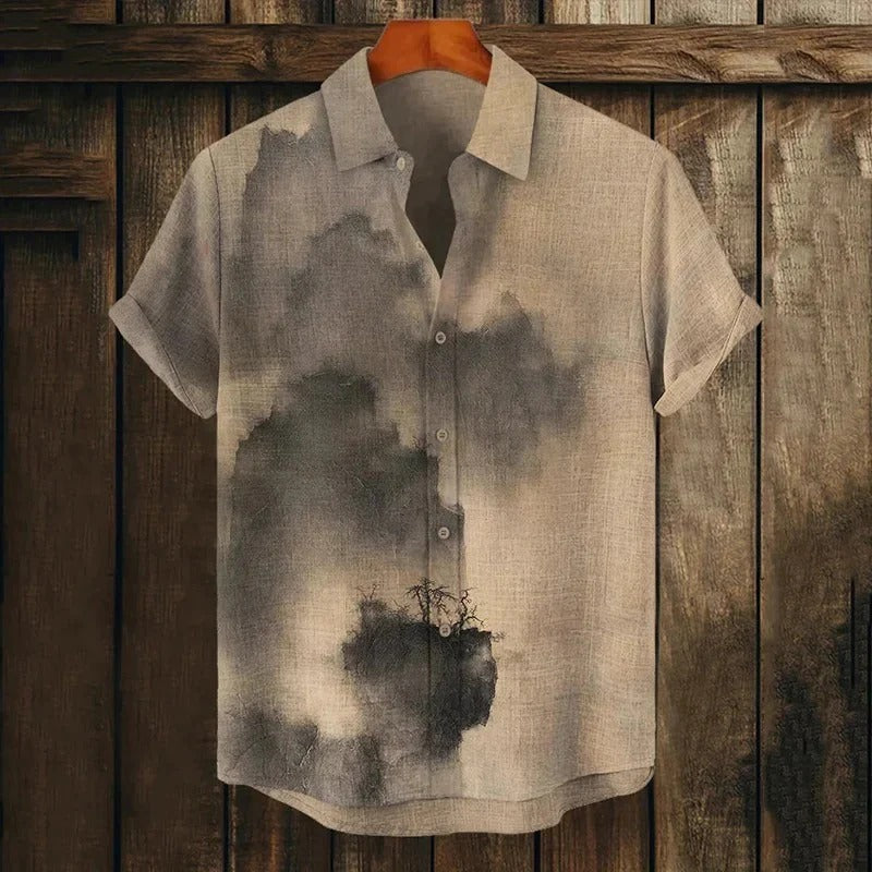 Utrends™ Minimalist Ink Wash Linen Shirt – Vintage Japanese Abstract Art Button-Up (Beige)