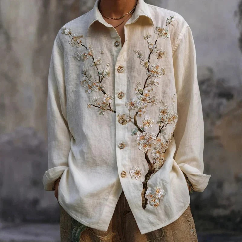Utrends™ Sakura Blossom Embroidered Shirt – Premium Japanese Floral Linen Button-Up (Cream White)