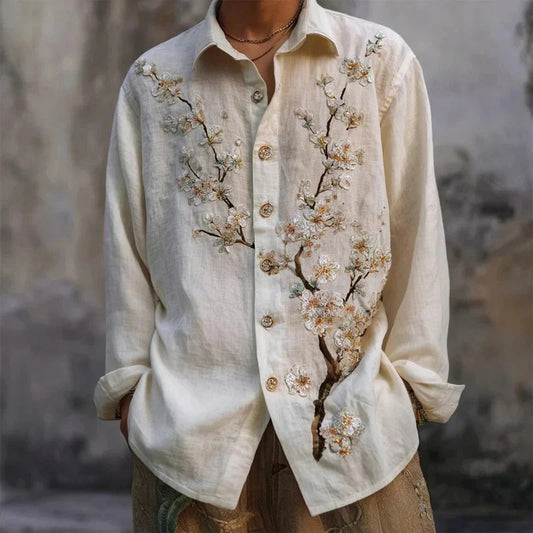 Utrends™ Sakura Blossom Embroidered Shirt – Premium Japanese Floral Linen Button-Up (Cream White)