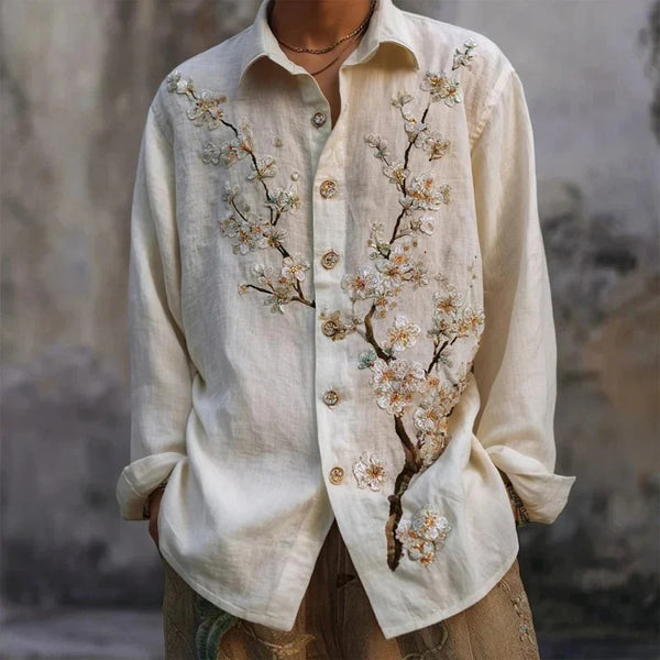 Utrends™ Sakura Blossom Embroidered Shirt – Premium Japanese Floral Linen Button-Up (Cream White)