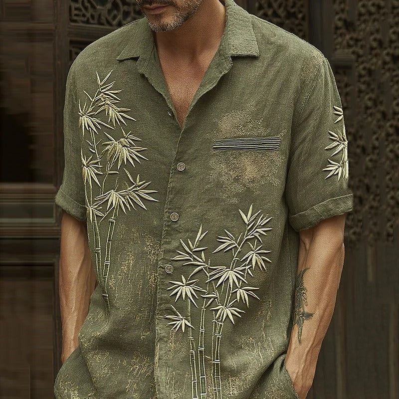 Utrends™ Bamboo Art Linen Shirt – Vintage Japanese Nature Embroidered Button-Up (Olive Green)