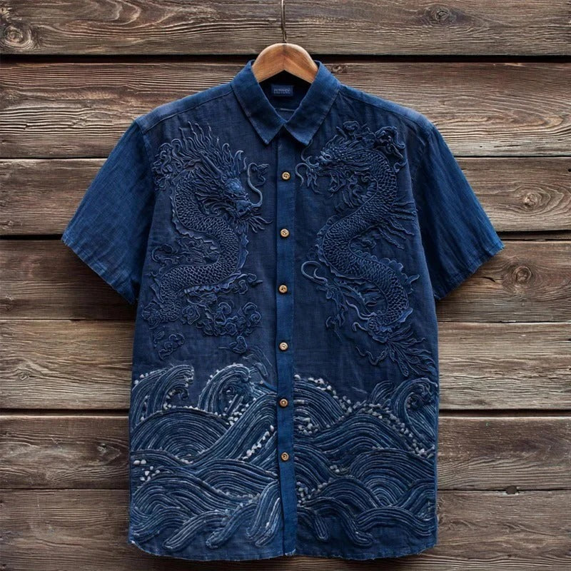 Utrends™ Dragon Wave Embroidered Shirt – Premium Japanese Ocean Art Linen Button-Up (Navy Blue)