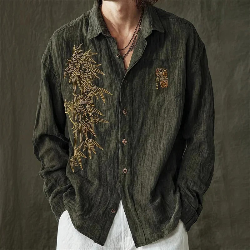 Utrends™ Bamboo Embroidered Linen Shirt – Vintage Japanese Zen Button-Up (Dark Olive Green)