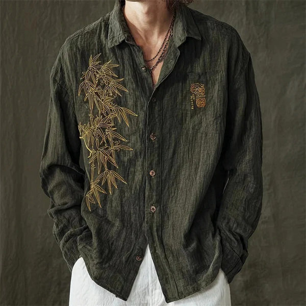 Utrends™ Bamboo Embroidered Linen Shirt – Vintage Japanese Zen Button-Up (Dark Olive Green)