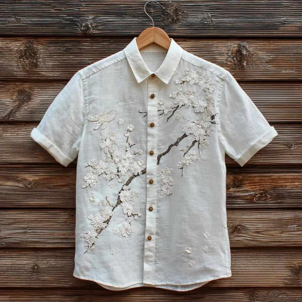 Utrends™ White Blossom Embroidered Shirt – Premium Japanese Sakura Linen Button-Up (Pure White)