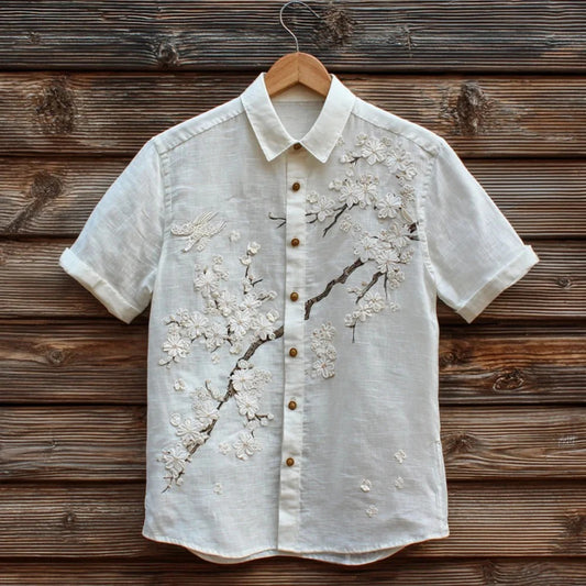 Utrends™ White Blossom Embroidered Shirt – Premium Japanese Sakura Linen Button-Up (Pure White)