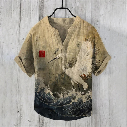 Utrends™ Crane Wave Ink Art Shirt – Vintage Japanese Ocean Linen Button-Up (Beige Black)
