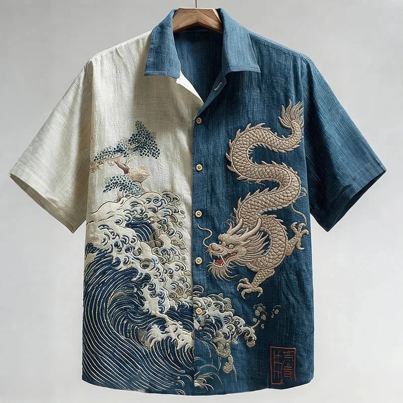 Utrends™ Dragon Wave Split Shirt – Premium Japanese Ocean Art Linen Button-Up (Blue Beige)